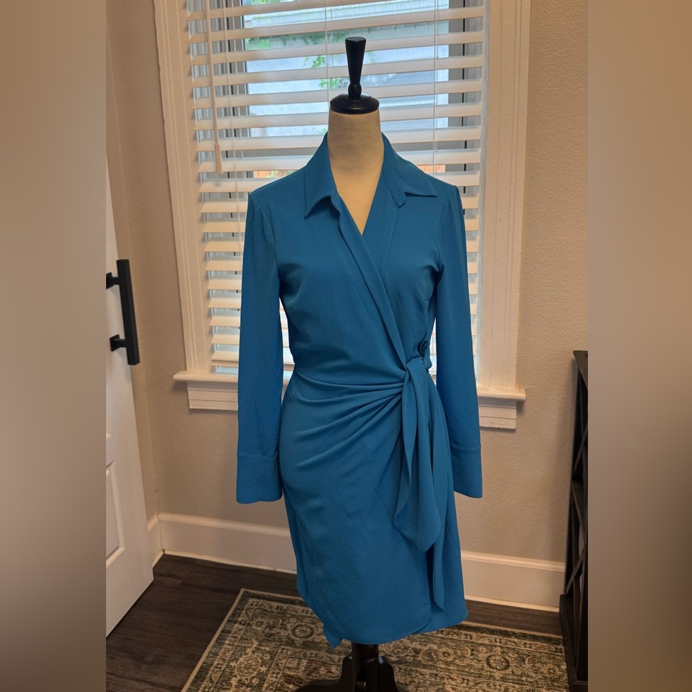 Donna Morgan blue wrap dress